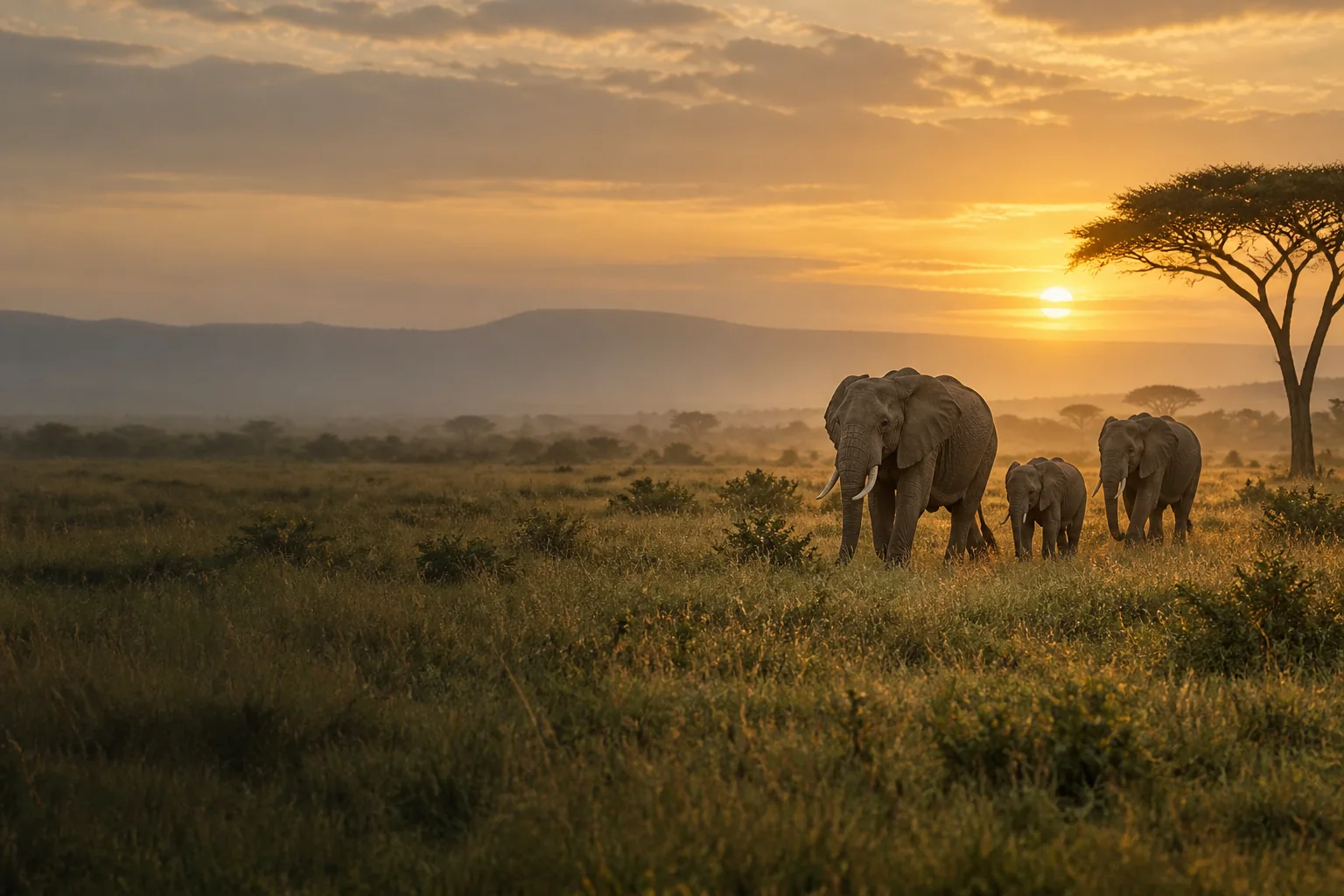 AI illustration of elephants in an African savanna at sunset